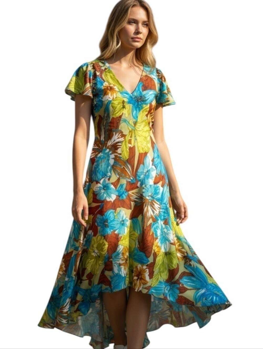 Signature Floral Maxi Dress  Flowy Cowled Neck Handkerchief Flutter Sleeves Sz.6